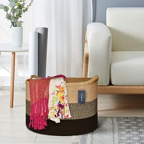 COMSE XXXLarge Woven Blanket & Laundry Basket, 87L, Brown & Black | 21.7" x 13.8", Cotton Rope, Nursery Hamper for Storage of Toys Clothes Towels, Ideal for Living Room Bedroom Bathroom - color: Brown & Black