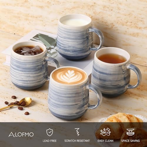 Coffee Mugs, Set of 4 Ceramic Mugs with Blue and White Gradient Stripes, 12oz Modern Cups with Comfortable Handle - Dishwasher & Microwave Safe, Design for Home, Office, Daily Use - color: Blue