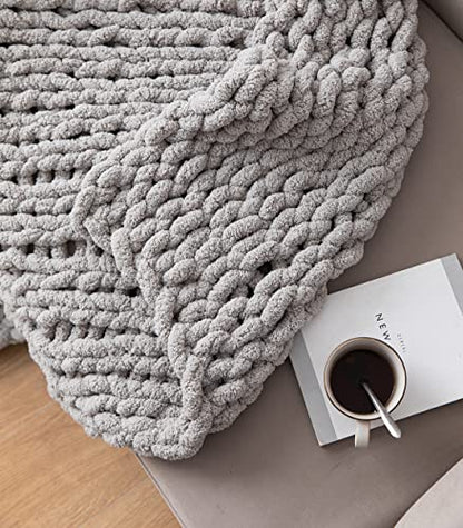 Chunky Knit Blanket Soft Chenille Yarn Knitted Throw Blanket 50"X60" Handmade Cable Warm Thick Giant Blanket for Couch Bed Trips (Light Grey, Throw 50"X60") - color: Light Grey, size: Throw 50"X60"