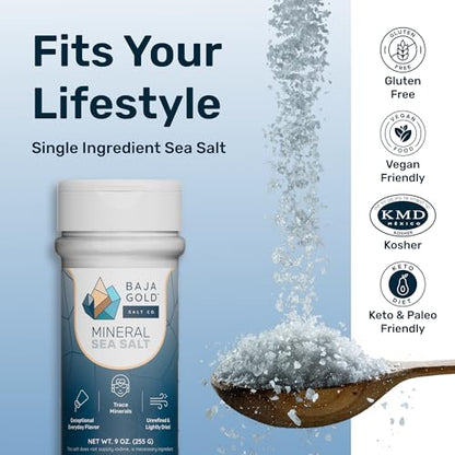 Baja Gold Mineral Sea Salt Shaker, Gary Brecka Choice, Countertop, 9 oz | Smooth-Flow Unrefined Sea Salt Shaker, Sea of Cortez, Additive-Free, No Caking, Everyday Countertop Salt, 9 oz