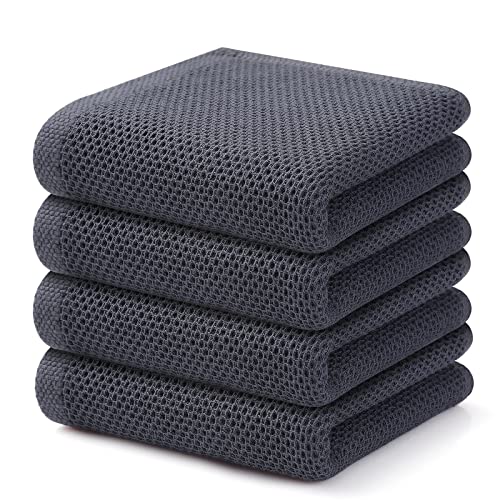 Kitinjoy 100% Cotton Waffle Weave Kitchen Towels, 4-Pack Super Soft and Absorbent Dish Towels for Drying Dishes, Kitchen Hand Towels, 13 in x 28 in, Dark Grey | Super Soft, Ultra-Absorbent, Fast Drying, lightweight, Quick Drying Kitchen Hand Towels - colo