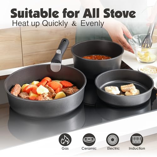 SENSARTE 24 Piece Nonstick Detachable Handle Pots and Pans Set Black | Removable Handle Cookware Set, Induction Cookware Set with Removable Handle, Healthy Non Stick for RV, Dishwasher ＆ Oven Safe - color: Black, size: 24 Piece