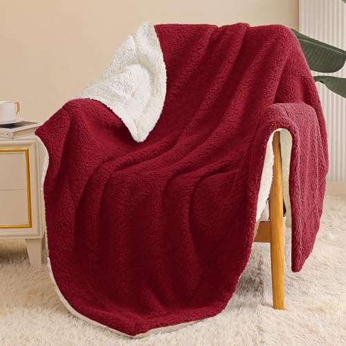 Exclusivo Mezcla Reversible Sherpa Fleece Throw Blanket, 50x60 Inches | Soft Plush Cozy Throws for Sofa, Couch, Bed, Fluffy Decorative Thick Blankets for Living Room, Burgundy/ Ivory - color: Burgundy/ Ivory, size: Throw ( 50x60 IN )