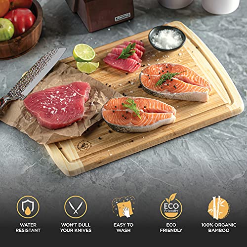 Bamboo Cutting Boards for Kitchen Set of 2 - Large Bamboo Cutting Board 18 x 13 Inch, Non Toxic Wooden Cutting Board with Juice Groove + Handle, Reversible Butcher Block Chopping Boards by Bambusi - size: 2-Piece (Two-Tone)
