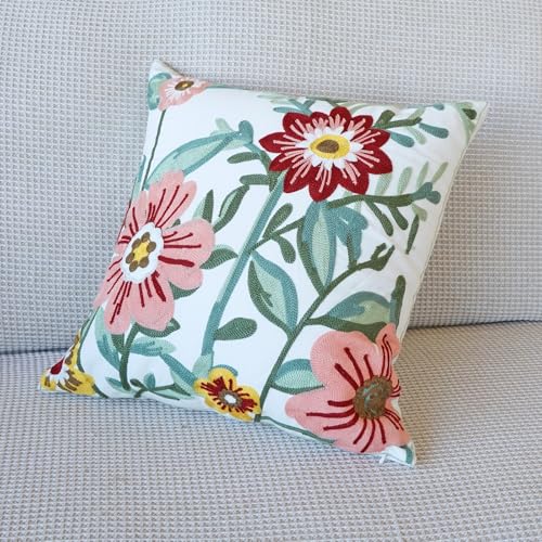 vctops Floral Embroidered Pillow Covers 18x18 Inch Spring Summer Cotton Tufted Throw Pillow Cover Outdoor Garden Cushion Case for Sofa, Bed, Living Room (Flower D,18"x18") - color: Flower D