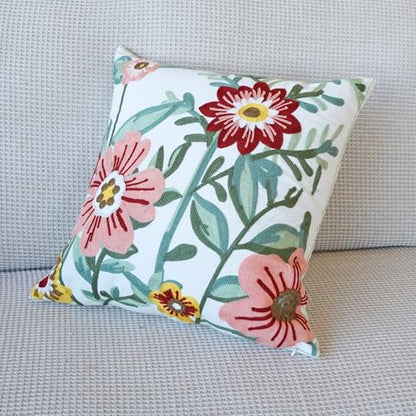 vctops Floral Embroidered Pillow Covers 18x18 Inch Spring Summer Cotton Tufted Throw Pillow Cover Outdoor Garden Cushion Case for Sofa, Bed, Living Room (Flower D,18"x18") - color: Flower D