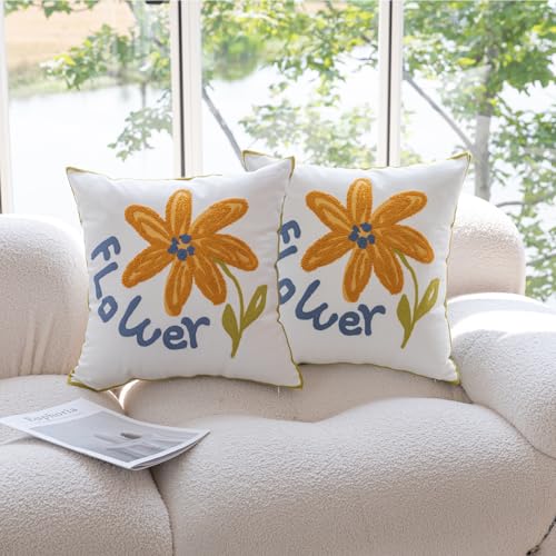 YIcabinet Pillow Covers Set of 2, Embroidered Yellow Flower Pattern Throw Pillow Cover,Square Cotton Cushion,Pillow Case for Sofa Bedroom Couch,18"x18" - color: Yellow15