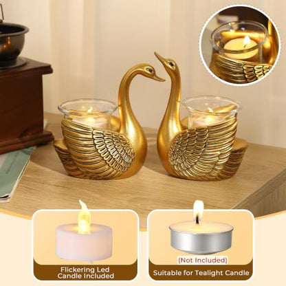 2 Pack Swans Tealight Candle Holder Statue, Gifts for Women Her Wife Mom | with Flameless Candle, Decorative Votive Candle Holders for Home Decor Living Room, Wedding Gifts, Anniversary Birthday Gifts