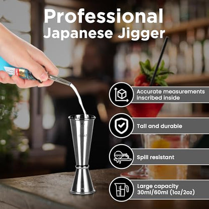 Mixology Bartender Kit with Japanese Jigger & Bamboo Stand - 25 Piece Stainless Steel Cocktail Making Set, Shaker, Strainer, Mixer, Spoon, Muddler, Barware Tools - Birthday Gifts & Anniversary