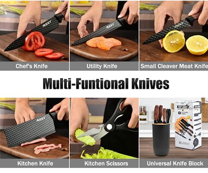 Knife Set, Wiztoynia 6-Piece Black Kitchen Knife Set for Home, Anti-Rust Non-stick Stainless Steel Sharp Chef Knife Set with Universal Knife Block for Kitchen, Ergonomical Design (Black) - color: Black