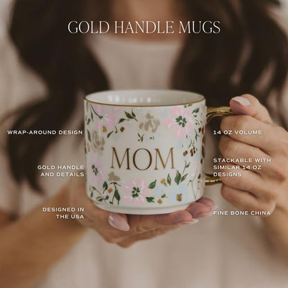 Sweet Water Decor Delft Mom Mug, 14oz Fine Bone China Tea Cup for Hot & Cold Drinks, Gifts for Women, Coffee Mug with Gold Handle & Rim, Gift for Mom's Birthday & Christmas - style: MOM