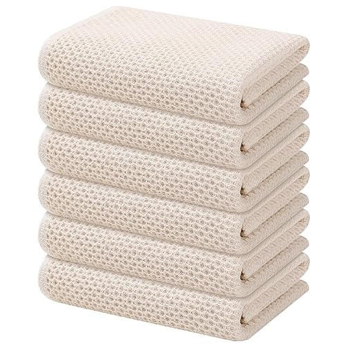 Kitinjoy 100% Cotton Waffle 6-Pack Kitchen Towels, 13" x 28", Beige | Super Soft, Ultra-Absorbent, Fast Drying, lightweight, Quick Drying Kitchen Hand Towels - color: Beige, size: 13 x 28 - 6 Pack
