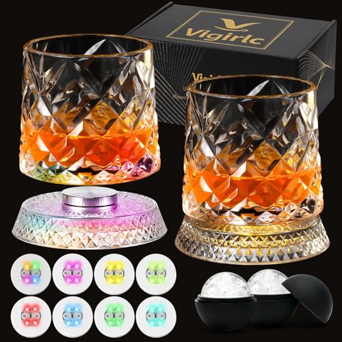 Luxury 360° Spinning Crystal Whiskey Glass Set Of 2, Rotating Old Fashioned Rocks Glasses & & 4 Color Lighting, Scotch & Bourbon, Cocktail Glasses for Bar, Party, Home, and Gift (Diamond) - color: Diamond