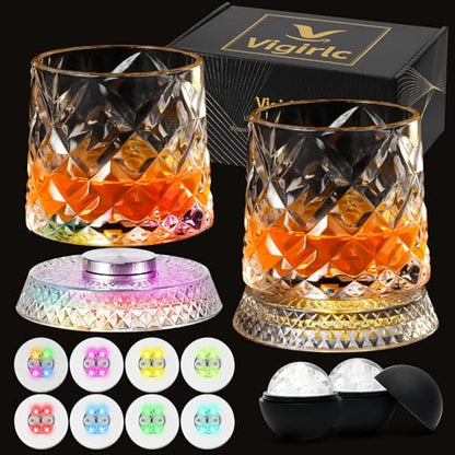 Luxury 360° Spinning Crystal Whiskey Glass Set Of 2, Rotating Old Fashioned Rocks Glasses & & 4 Color Lighting, Scotch & Bourbon, Cocktail Glasses for Bar, Party, Home, and Gift (Diamond) - color: Diamond