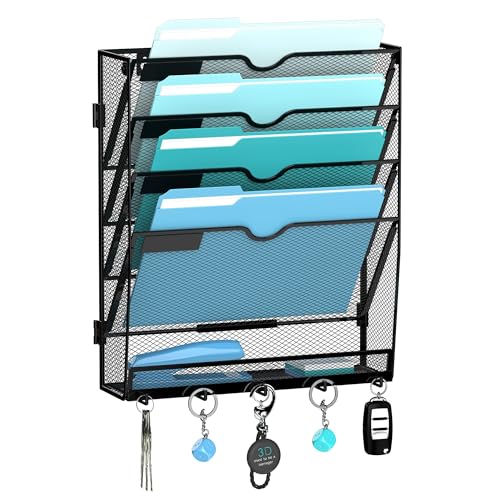 5-Tier Wall File Organizer and Mail Organizer with 5 Hooks, Black | Label slots, curved openings, 5 key hooks, and a bottom tray support organized mail, file, and everyday item storage. - color: Black, size: 5 Tier