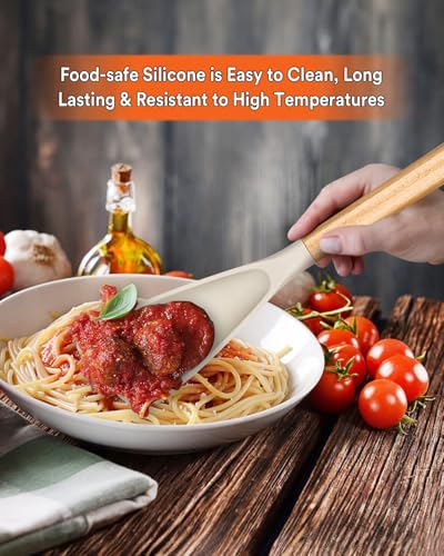 Multifunction Spoon for Nonstick Cookwares, Great for Cooking and Serving, Sturdy BPA-Free Matte Silicone, Wood Handle spoonula for Mixing, Scoop, and Scrape, Khaki(2 pack,11.4" & 13.4") - color: Khaki