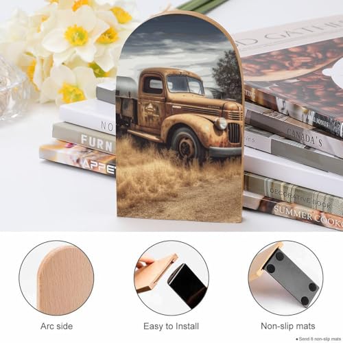Old Truck Car Book Ends for Shelves - 2 Pack Handmade Wooden Bookends with Metal Base, Sturdy Book Holder for Heavy Books Modern Decorative Book Stopper for Home Office