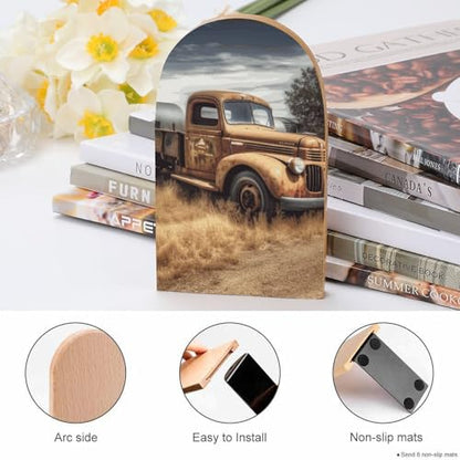 Old Truck Car Book Ends for Shelves - 2 Pack Handmade Wooden Bookends with Metal Base, Sturdy Book Holder for Heavy Books Modern Decorative Book Stopper for Home Office