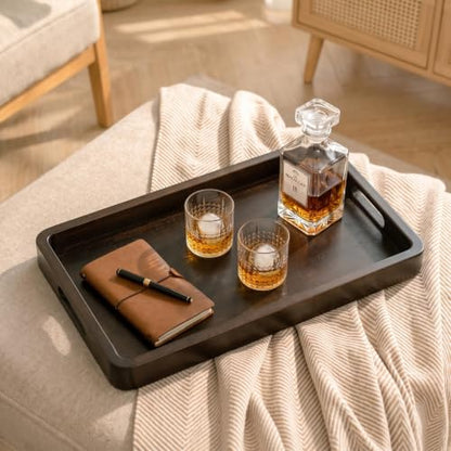 Hanobe 20" Large Wooden Ottoman Serving Trays for Coffee Table Decor | Walnut Big Decorative Tray with Handles for Modern Farmhouse Living Room Decor