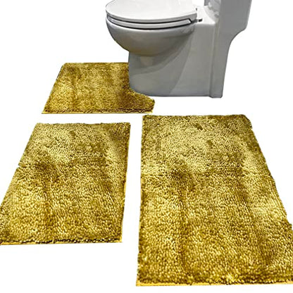Madeals Chenille Bath Rug Set 3 Piece Bathroom Contour Rugs Combo, Soft Shaggy 2 Piece Bath Shower Mat and U-Shaped Toilet Floor Rug Golden - color: Golden, size: 20"x 32"/16"x 24"/Contour/