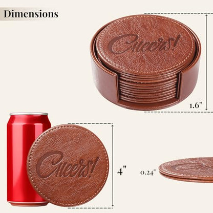 Coasters for Drinks Set of 6 with Holder, 6-Piece Leather Coasters with Embossed Cheers Marks - Durable Drink Coasters Set for Home, Bar, or Office - Brown - color: Brown