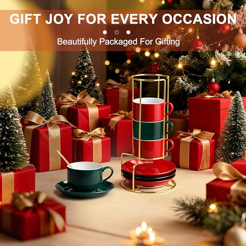 3 Ounce Espresso Cups Set of 4, Stackable Demitasse Mugs, Includes Display Stand, Cups Saucers & Spoons, for Machines & Home Use, Red Green Gold Tone - color: Red&Green