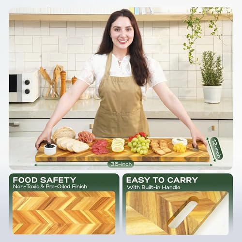 Howizz Solid Acacia Wood 36"x12" Extra Large Charcuterie Board with Handles, Grazing Board Serving Board Herringbone Chevron Serving Tray for Bread, Meat, Appetizers, Kitchen Cutting Board - color: Premium Herringbone, size: 36"L x 12"W