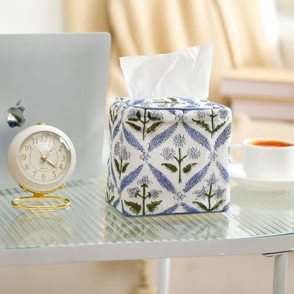 Blue Fabric Tissue Box Cover - Floral Print Tissue Box & Decorative Square Napkin Holder Handmade Cotton for Home Bedroom Vanity Countertop Night Stands Office - style: Blue