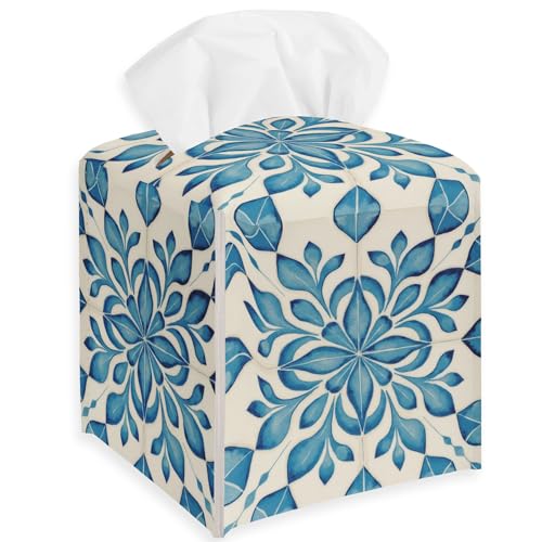 Blue Floral Tissue Box Cover, Retro Floral Leather Tissue Box Holder Square Facial Paper Organizer Dispenser for Bathroom Kitchen Bedroom Vanity Countertop - color: Blue Floral