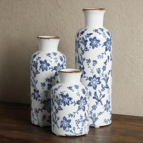 Blue and White Ceramic Vase Set of 3, Vintage Floral Vases for Home Decor | Crackle glaze and distressed rims for living room, mantel and table centerpieces - color: Blue
