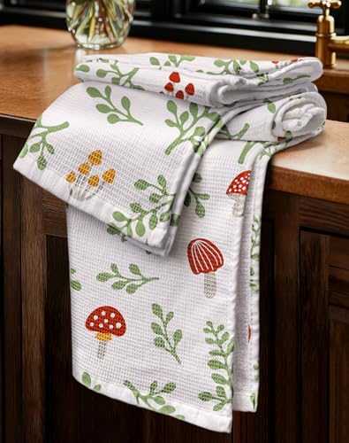 2pcs Cotton Waffle Kitchen Towels, Mushroom | Waffle Weave, Terry Cloth, Pure Cotton, Sustainable, 16"x26", Highly Absorbent, with Hanging Loop, Giftable Package - color: Mushroom