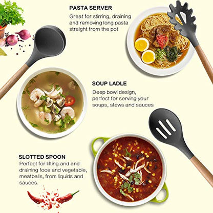 MIBOTE Silicone Cooking Kitchen Utensils Set, 17 Pcs, Wooden Handle, Grey | BPA-Free, Non-Toxic Silicone Turner, Tongs, Spatula, Spoon Set – Great for Nonstick Cookware, Heat-Resistant, Easy Clean - color: Gray