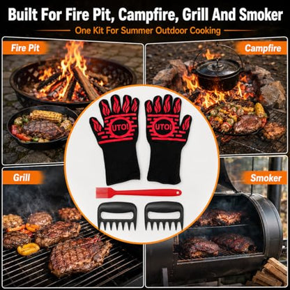 BBQ Grill Gloves Kit - 1472°F Heat Resistant BBQ Gloves, Meat Shredder Claws & Silicone Basting Brush for Fire Pit, Campfire, Grilling & Outdoor Cooking - color: Bbq Grill Gloves Kit