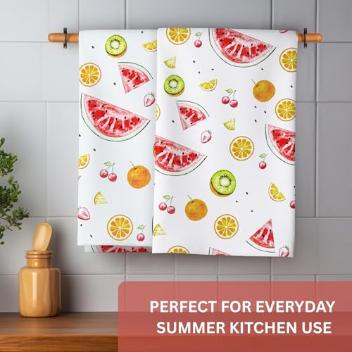 Flour Sack Kitchen Towels - Set of 2 Summer Dish Towels with Hanging Loop 16x26 Inch Absorbent Reusable Cotton Cloths for Cleaning, Cute Design Housewarming Gift - Melon Hue