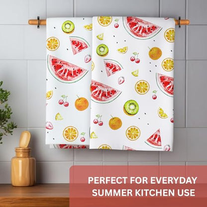 Flour Sack Kitchen Towels - Set of 2 Summer Dish Towels with Hanging Loop 16x26 Inch Absorbent Reusable Cotton Cloths for Cleaning, Cute Design Housewarming Gift - Melon Hue