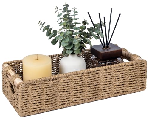 CubesLand Back of Toilet Storage Basket for Organizing W/Cut Out Handle | Handwoven Toilet Tank Top Paper Baskets, Wicker Decorative Basket for Countertop, Home Decor, Living Room, Nursery, Neutral - color: Neutral, size: M-14.17" (L) X 6.29" (W) X 3.54"