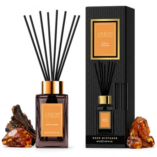 Areon Gold Amber Home Luxury Perfume Reed Diffuser,10 Rattan Reeds,85ml | Luxury Reed Diffuser Suitable for Bedrooms, Living Rooms, Bathrooms, Offices, Entryways, and Other Indoor Spaces. - color: Gold Amber, size: 85ml