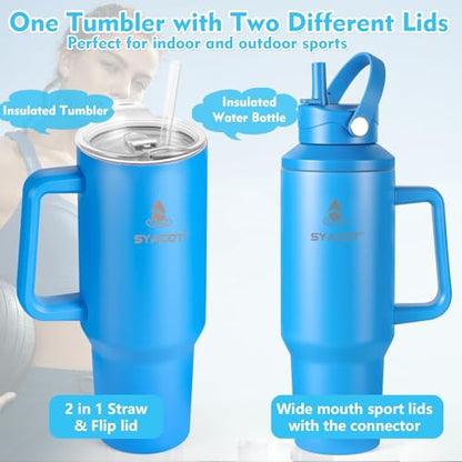 40 oz Tumbler with Handle and Straw or Convert to 40 oz Insulated Water Bottle Fits in Cup Holder. Stainless Steel Metal Water Flask with 2 Lids for Travel,Camping,Gym Sports Coffee Mug Thermal Cup - color: Cobalt