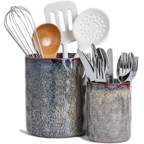 Utensil Holder, 7.25"+5.25" Ceramic Kitchen Utensil Holder for Countertop, Large Cooking Utensil Crocks Gift for Mother's Day, Home Kitchen Decor, Parties,Set of 2, Caramel Brown - color: Caramel Brown