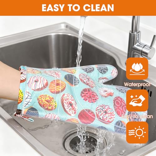 Silicone Oven Mitts Set Heat Resistant 2PCS Kitchen Mittens with Soft Cotton Lining Long Waterproof Non-Slip Oven Gloves for Cooking, BBQ, Baking-Donut - color: Donut