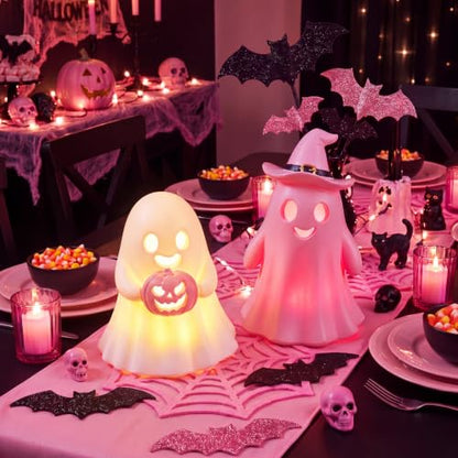 Fumete 2 Pcs Pink Ghost Halloween Decorations - Aesthetic Spooky Resin Light up Cute Ghost Couple with Witch Hat and Pumpkin, Halloween Indoor Figurines for Mantel, Shelf & Tabletop Home Party Decor - style: Pink Ghosts