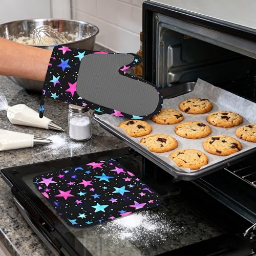 Blue Pink Stars Heat-Resistant Silicone Oven Mitts and Pot Holder 4 Piece Set,Non-Slip Kitchen Oven Gloves for Baking, BBQ, Cooking,Grilling - color: Blue Pink Stars
