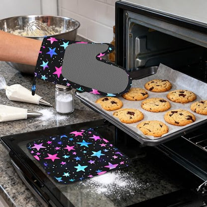 Blue Pink Stars Heat-Resistant Silicone Oven Mitts and Pot Holder 4 Piece Set,Non-Slip Kitchen Oven Gloves for Baking, BBQ, Cooking,Grilling - color: Blue Pink Stars