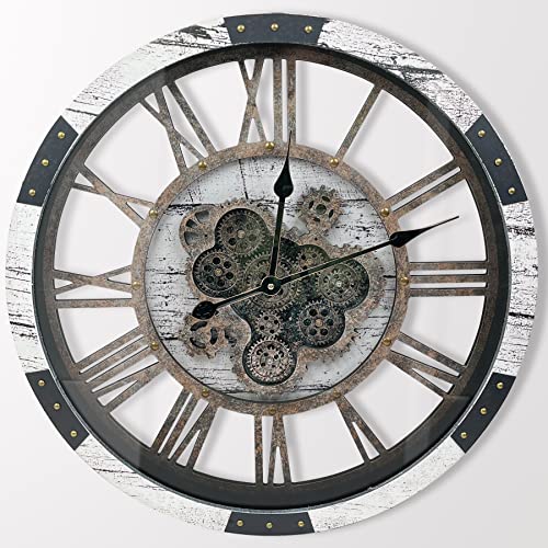 24" Large Wall Clock with Moving Gears,Oversize Vintage Industrial Rustic Farmhouse Clocks for Living Room Decor Office Home,Solid Wood HD Tempered Glass Cover,White Grey - color: White Grey, size: 60cm / 24 inch
