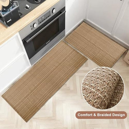 Tan Brown Faux Jute Braided Kitchen Rug Set 20"x30"+20"x48",Non Slip | Solid washable kitchen floor mats with non slip backing,easy to clean for indoor kitchen use - size: 1'8" x 4' (Rectangular)