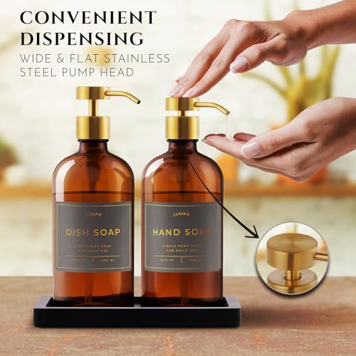 Glass Soap Dispenser Set of 2 (Amber) with Silicone Tray | Hand and Dish Soap Dispenser for Kitchen and Bathroom | 16.8 Oz Glass Bottles with Stainless Steel Pump & 15 Waterproof Labels (Amber/Gold) - color: Amber/Gold