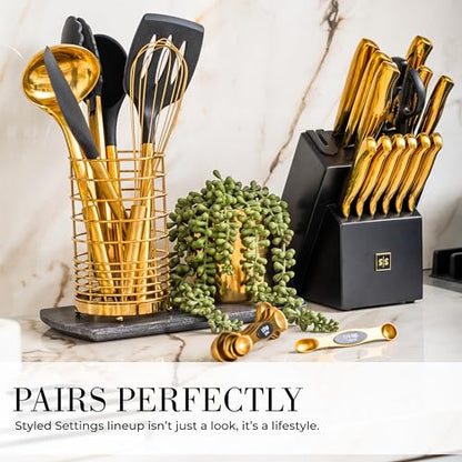 Styled Settings Black and Gold Kitchen Utensils Set, 15-Piece | Nonstick BPA-Free Silicone Coooking Utensils, Gold Utensil Holder, & Magnetic Measuring Spoons - Stylish Kitchen Accessories - color: 15 Piece Black & Dark Gold