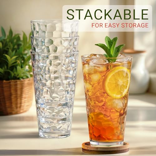Bravario Hammered Plastic Drinking Glasses Set of 6-22 oz Clear Reusable Cups, Durable Dishwasher Safe Highball Tumblers, Stackable BPA & EA-Free - size: Tall - Set of 6