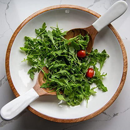 Wooden Salad Servers, Set of 2, Acacia Wood & White Enamel Tongs, Handcrafted Serving Utensils - color: White Enamel