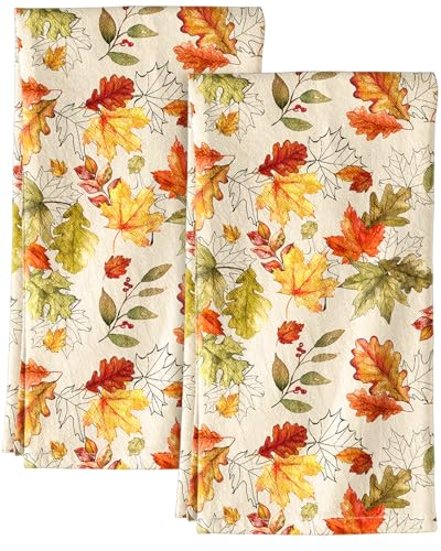 150GSM Flour Sack Kitchen Towels Set of 2, Autumn Leaf | 18"x26", Lightweight, Lint-Free, Pure Cotton, Decorative, with Hanging Loop, Absorbent, Softer after Wash, Giftable Package - color: Autumn Leaf